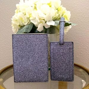 NWOT Nordstrom Gunmetal Silver Leather Glitter Passport wallet Luggage Tag Set